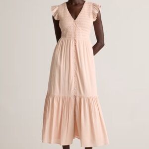 Quince Women's Textured Organic Cotton Smocked V-Neck Midi Dress Size S Boho